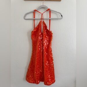 Sparkling Orange Sequin Halter Dress